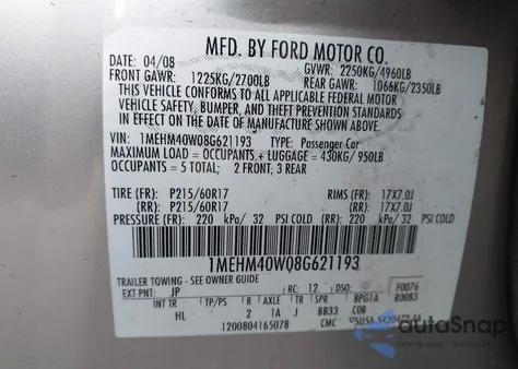 2008 Mercury Sable из США, поврежденный, VIN 1MEHM40W08G621193